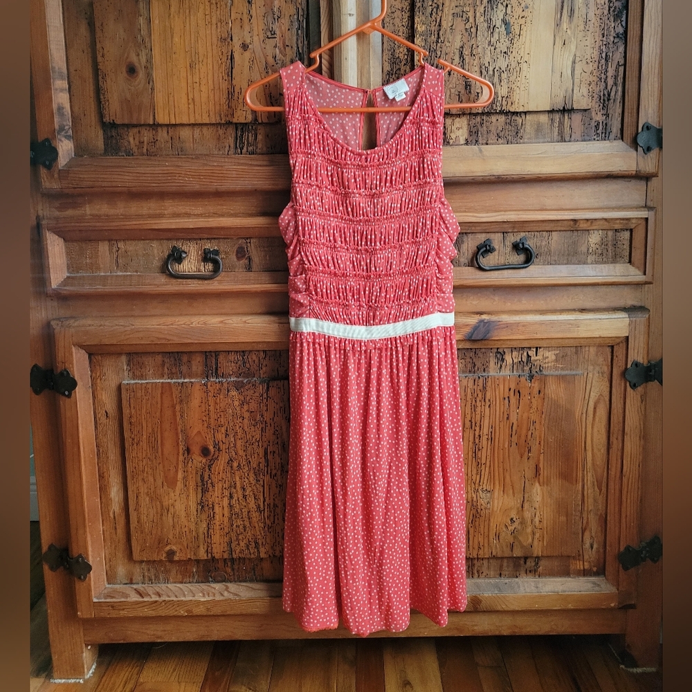 Anthropologie Coral Polka Dot Sleeveless Dress with Waist Trim And Ruching | XS